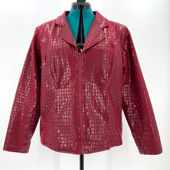 Selene Sport Red Embossed Animal Print Zipper Front Vinyl Jacket, 14 - Picture 5 of 16